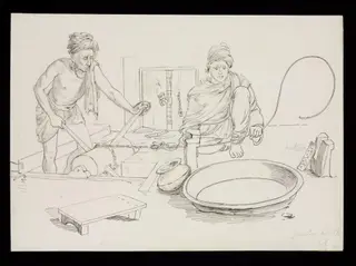 Two men working with machines to produce silver gilt wire, by John Lockwood Kipling, 1870