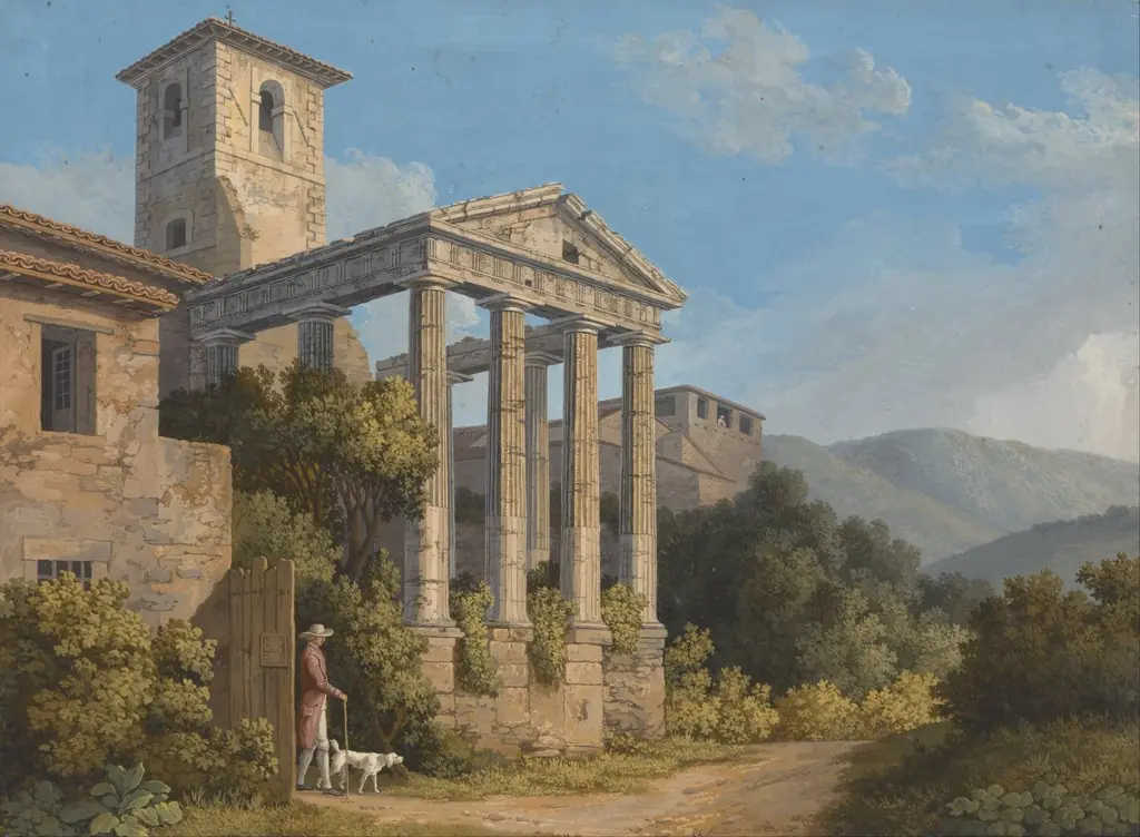 The Temple of Hercules in Cori near Velletri, by Jacob Philipp Hackert, gouache, 1792