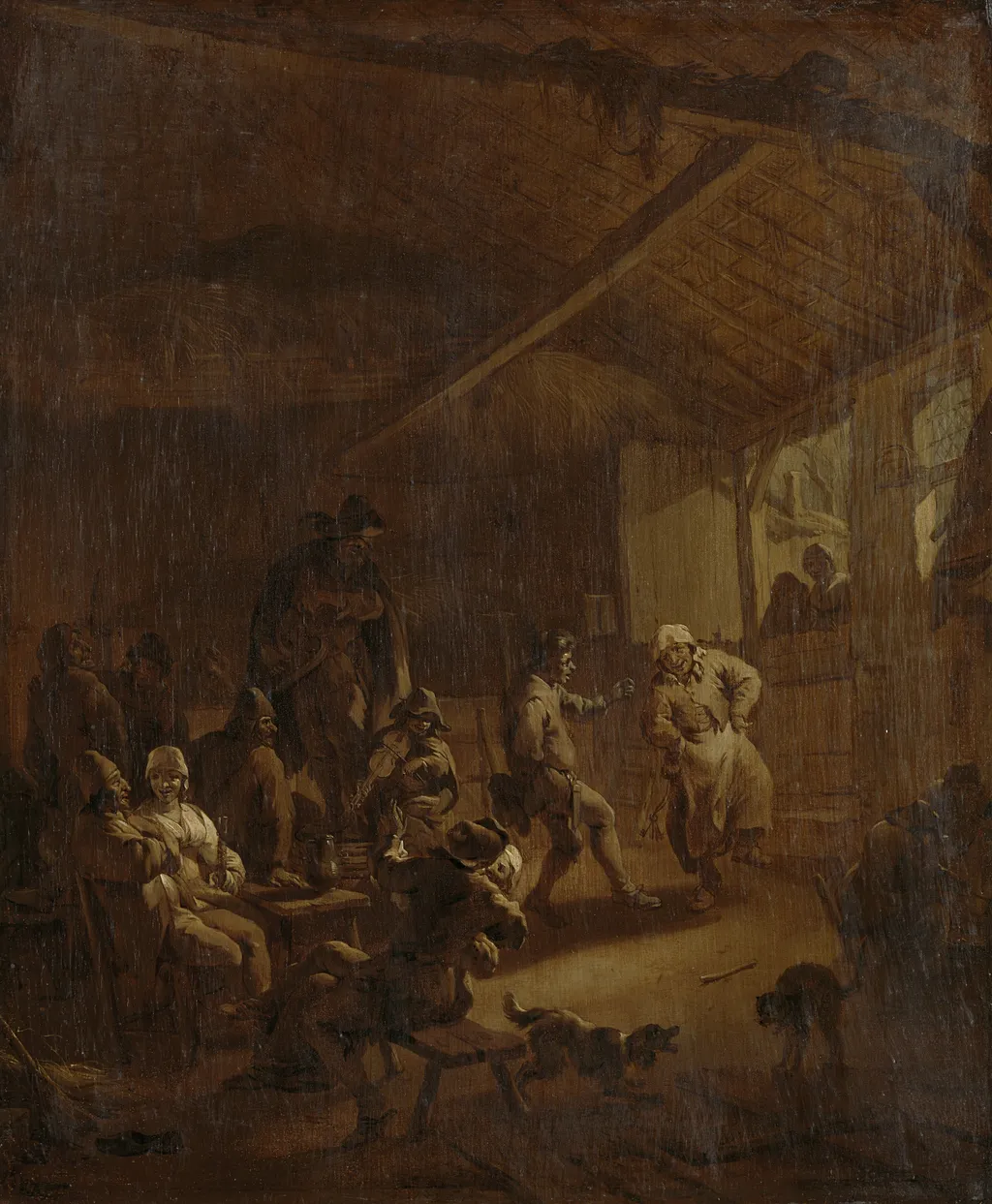 Peasants dancing in a bar, by Nicolaes Pieterszoon Berchem, oil, 1669