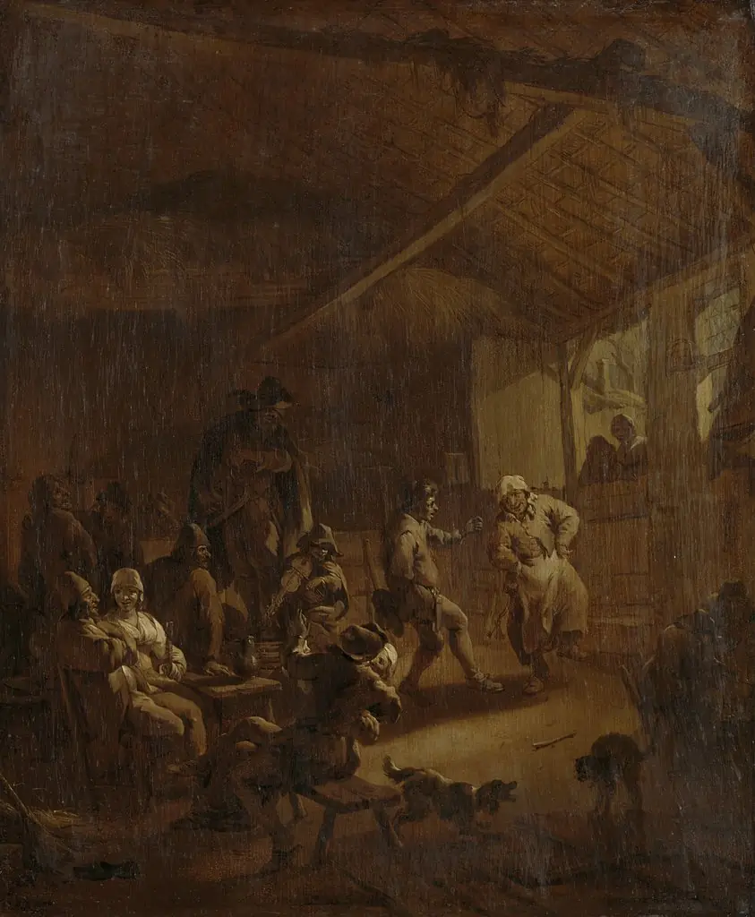 Peasants dancing in a bar, by Nicolaes Pieterszoon Berchem, oil, 1669