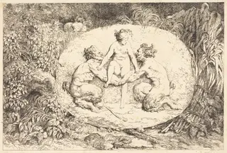 Nymph Supported by Two Satyrs (Nymphe s'asseyant sur les mains de deux satyres), by Jean Honoré Fragonard, ink, 1763