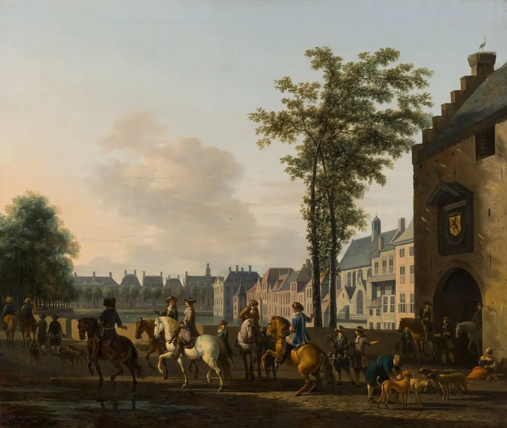 A hunting party near the Hofvijver in The Hague, seen from the South, by Gerrit Adriaenszoon Berckheyde, oil, 1696