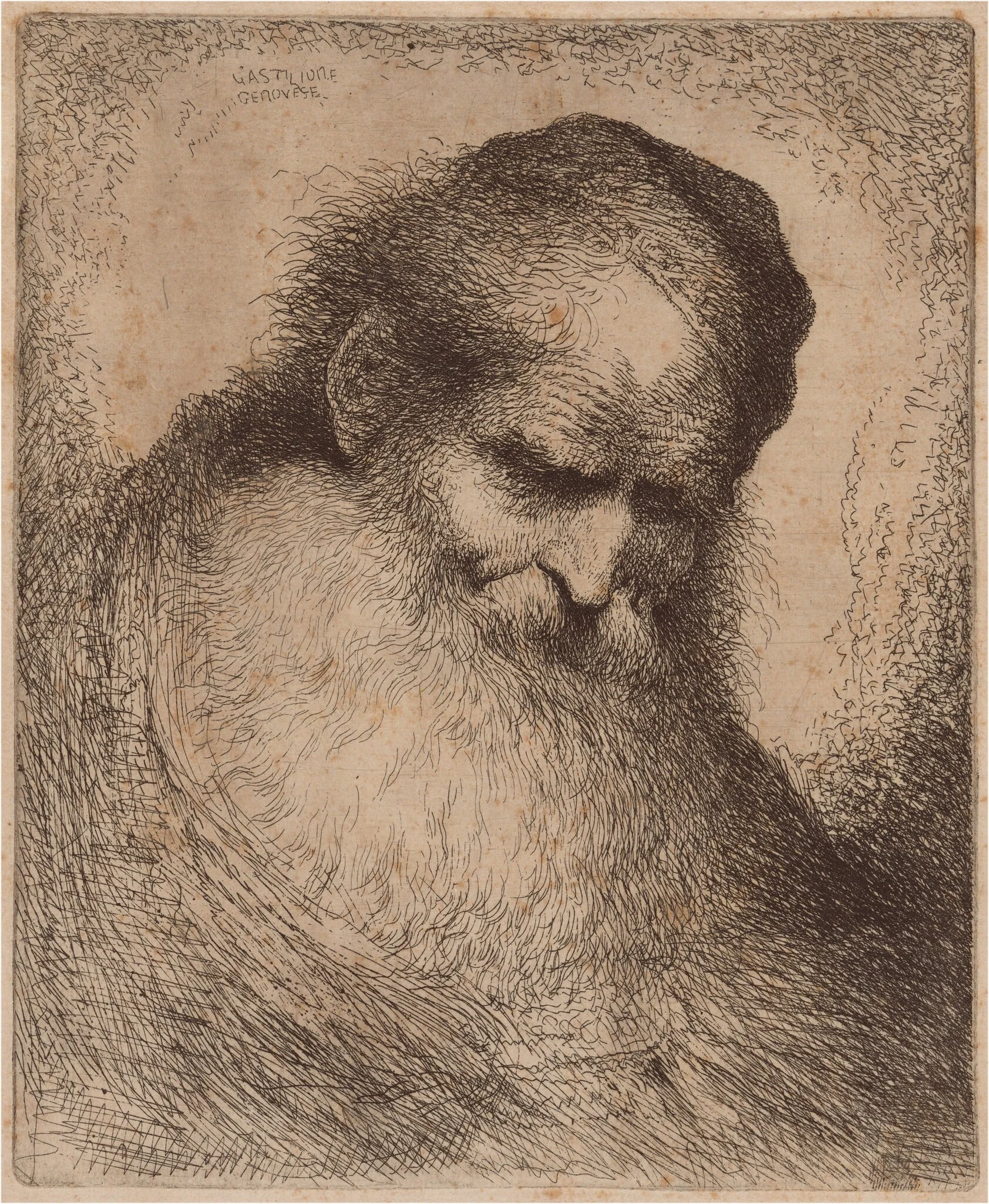 Old Man with a Long Beard and Skullcap, Leaning Forward, detail