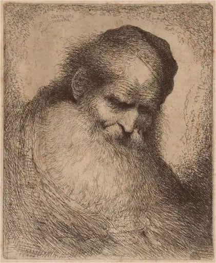 Old Man with a Long Beard and Skullcap, Leaning Forward, by Giovanni Benedetto Castiglione, ink, 1646