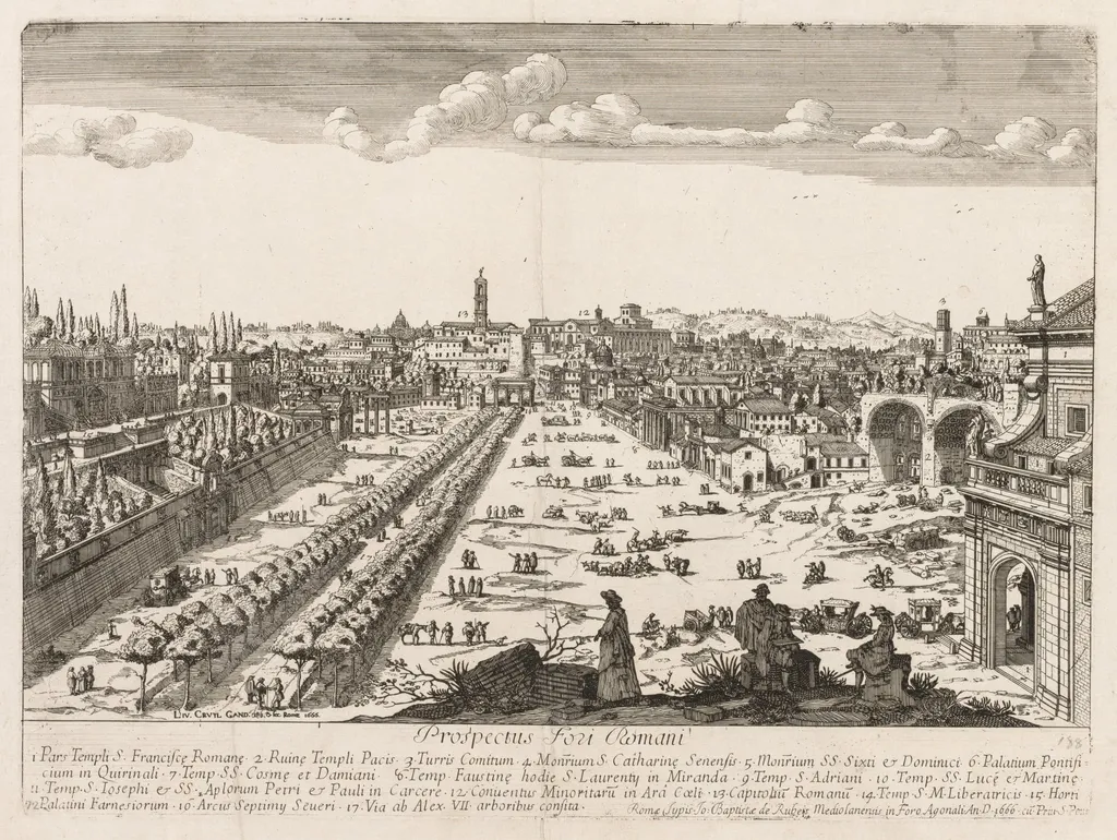 Foro Romano from "Prospectus Locurum Urbis Romae Insign[ium]", by Lievin Cruyl, 1666