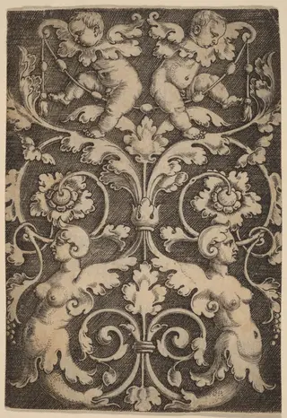 Upright Ornament with Two Sirens, by Master of the Horse Heads, ink, 1506