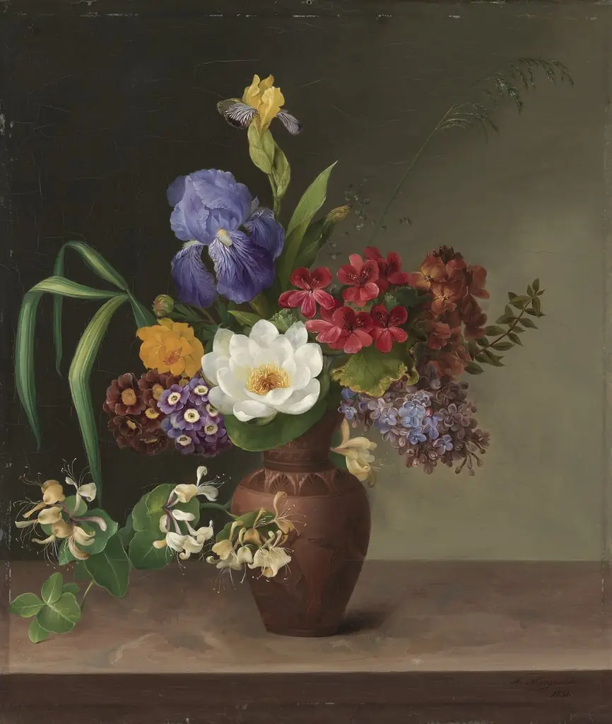 Vase i græsk stil med iris, syren og kaprifolium, by Hermania Neergaard, unspecified, 1831