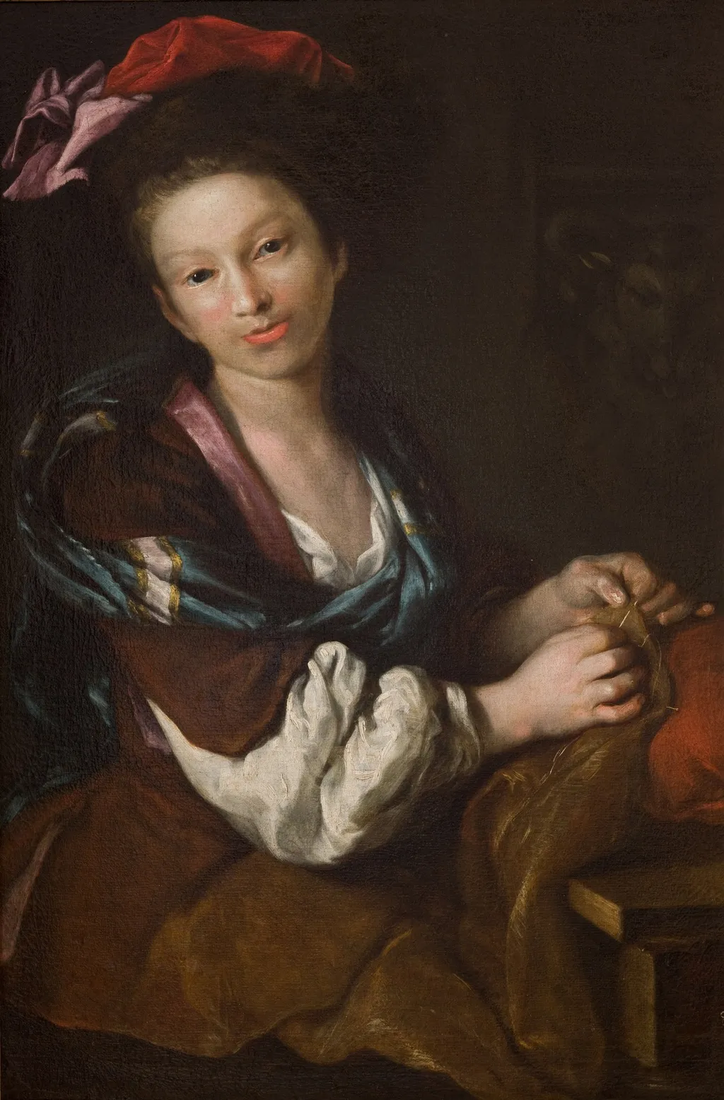 Sewing Woman, by Antonio Amorosi, oil, 1709