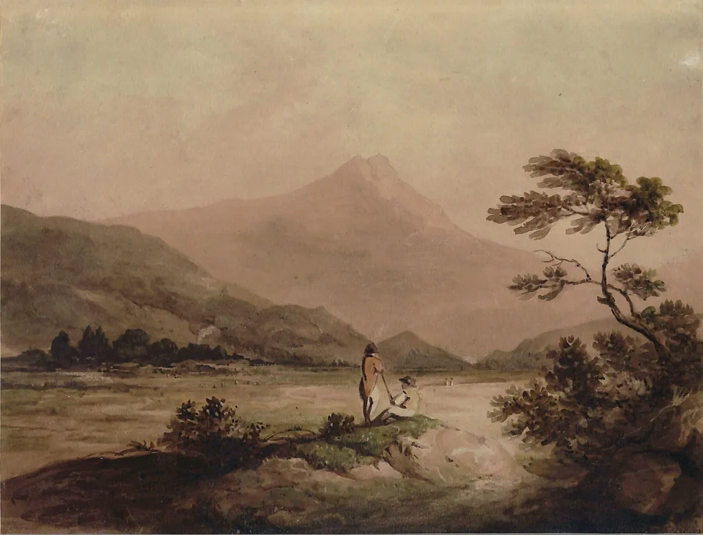 Landscape view of a valley with figures and mountains, by Francis Nicholson, watercolor, 1780