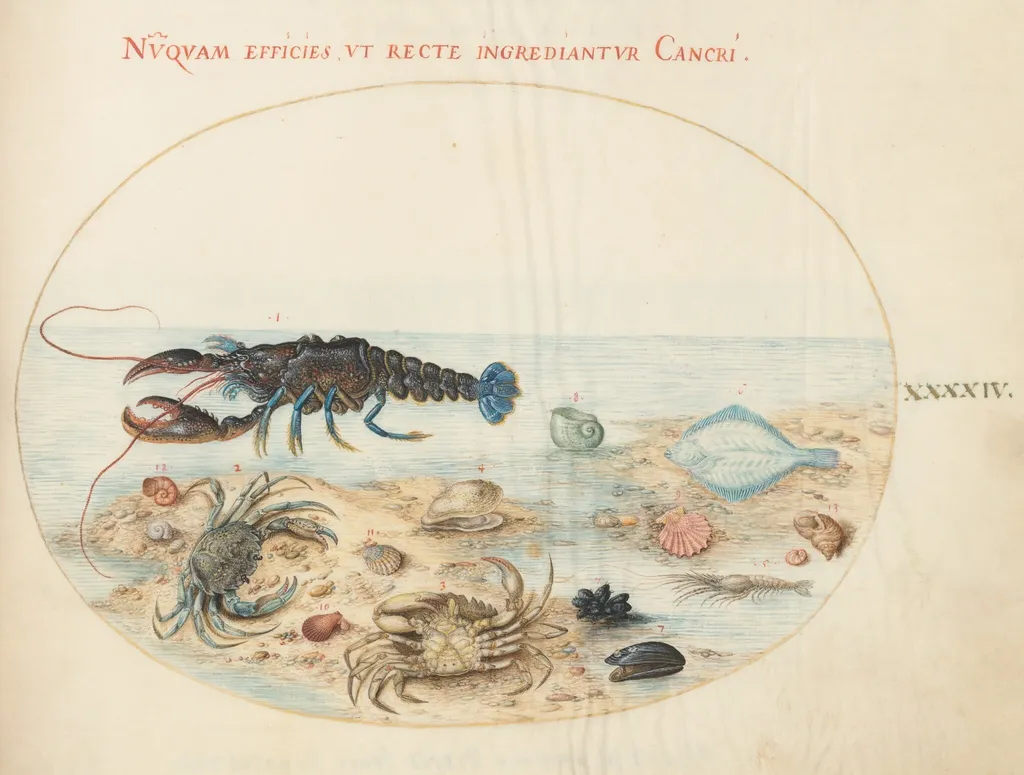 Plate 44: Lobster, Two Crabs, Scallop Shells, and Other Sea Life, by Joris Hoefnagel, gouache, 1594