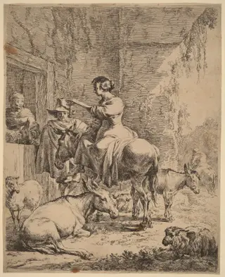 The Rest before the Inn, by Nicolaes Pieterszoon Berchem, ink, 1652