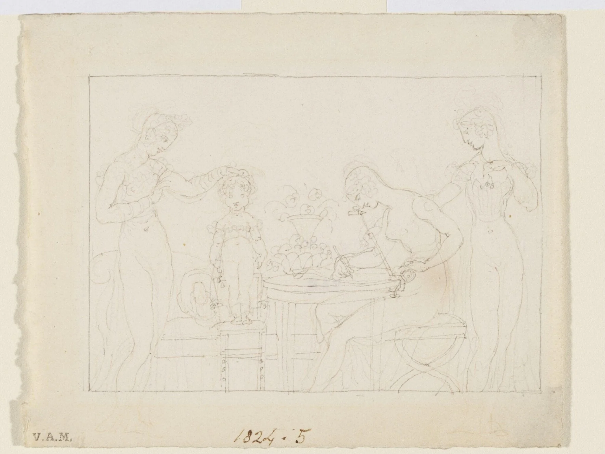 A woman sketching a child with the aid of a camera lucida, detail