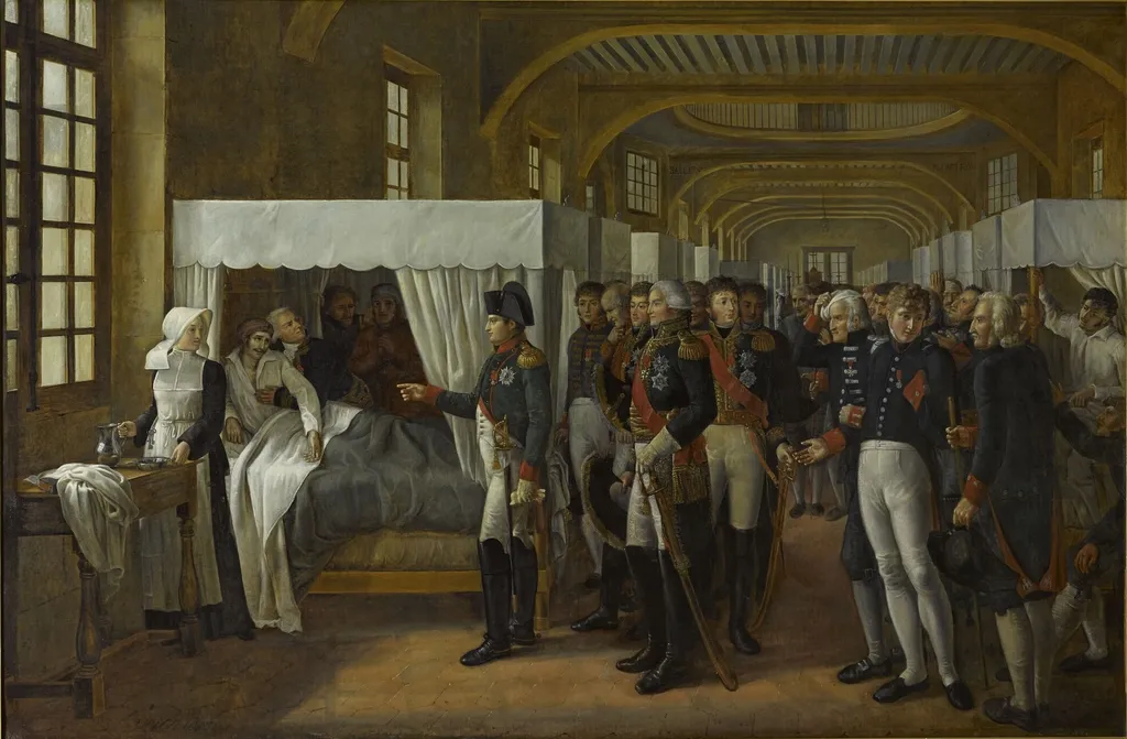 Napoleon I visiting the infirmary at Les Invalides, February 11, 1808, by Alexandre Veron-Bellecourt, oil, 1809