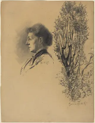 A Woman in Profile and a Pollard Tree in Bloom, by Melchior Lechter, crayon, 1885