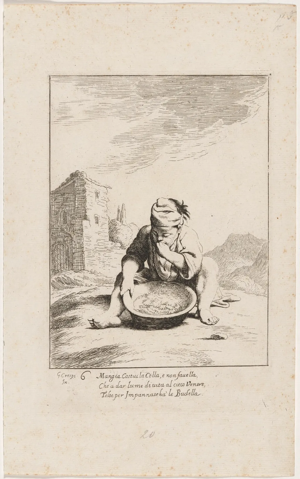 Cacasenno Eating Pasta, by Giuseppe Maria Crespi, ink, 1712