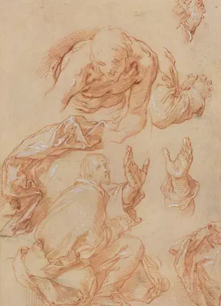 Studies of Hands and Bending Figures [verso], by Abraham Bloemaert, chalk, 1625
