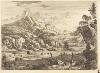 Mountainous Riverscape with Figures, by Georg Eisenmann, ink, 1772