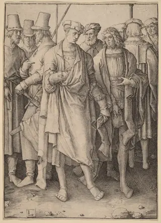 A Young Man with Eight Armed Men, by Lucas van Leyden, ink, 1510