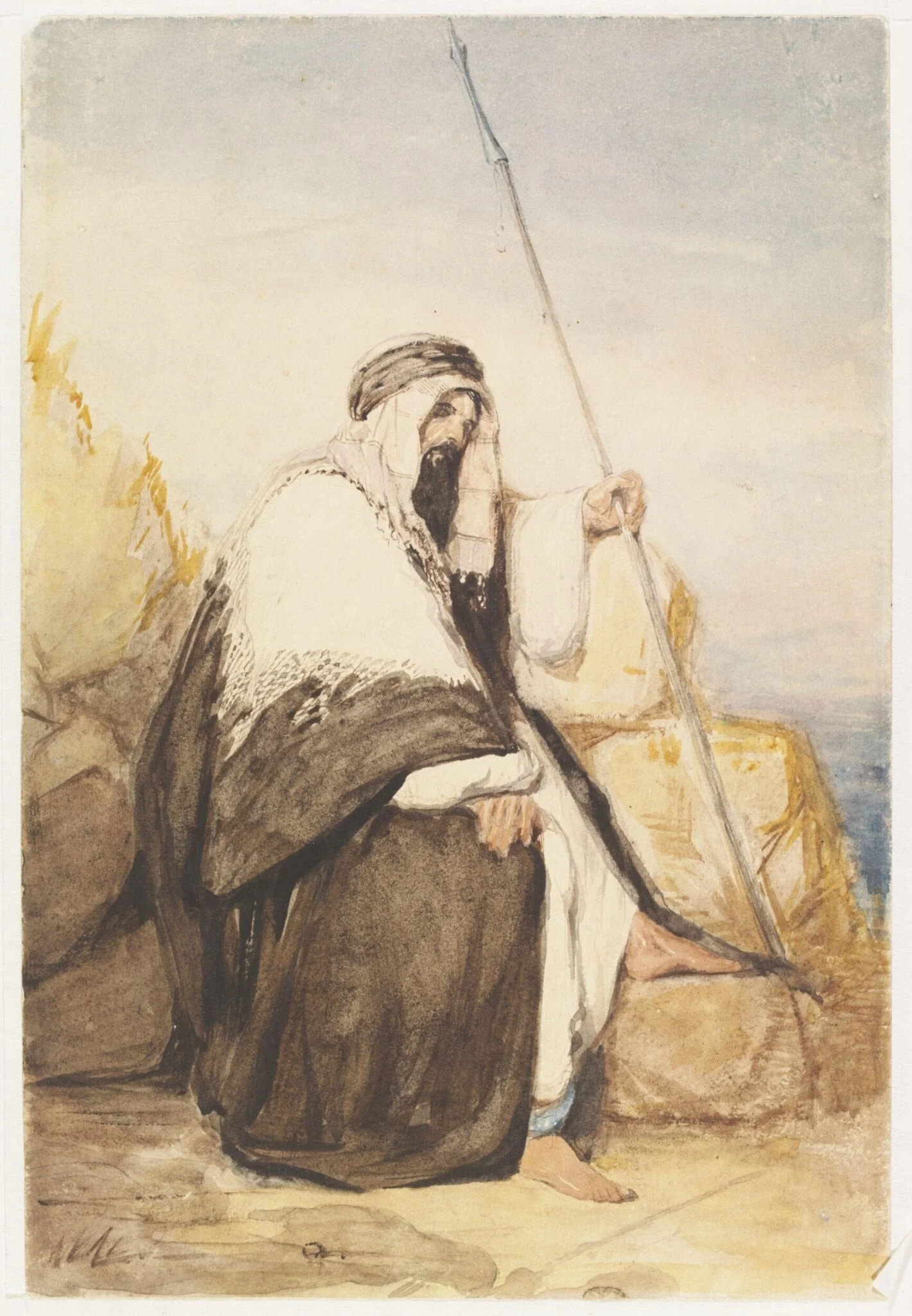 Figure of a Man in Arab dress, seated, holding a spear, detail