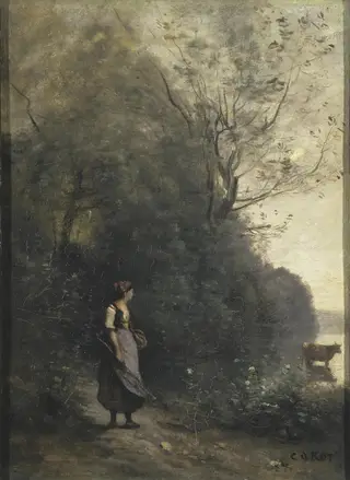 Peasant Girl Grazing a Cow at the a Forest, by Jean Baptiste Camille Corot, oil, 1867