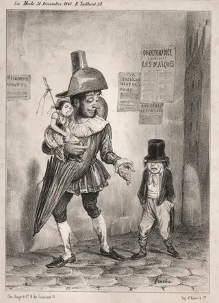 Pochades de carnaval:  Vois-tu, si ton maître est bien content de toi et si tu as le prix de sagesse cette année!  je te laisserai deguiser en paillasse! ...l'année prochaine!!, by Clémente Pruche, 1841