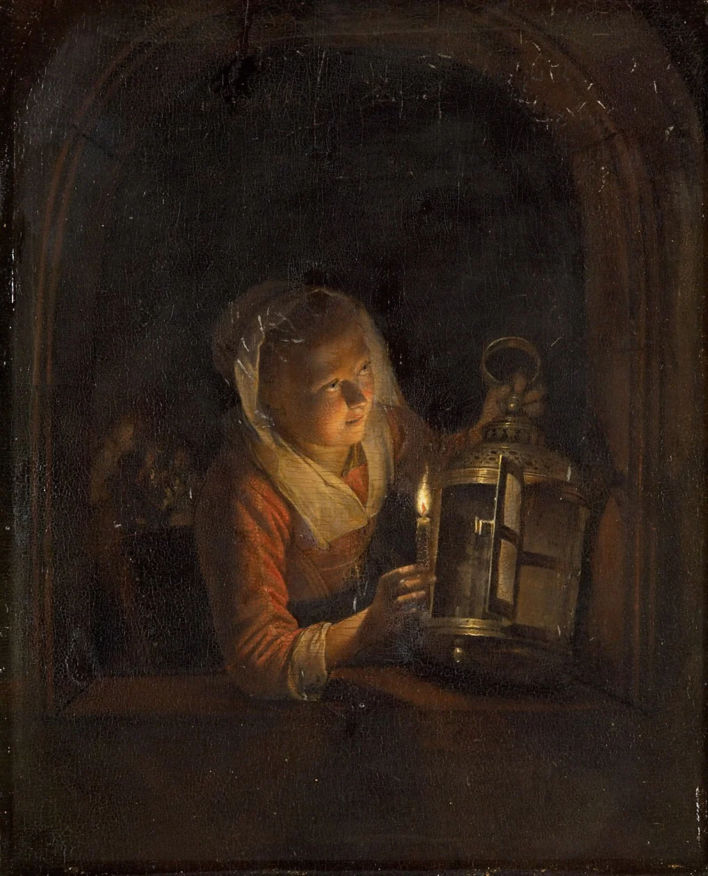 Young Woman with a Lantern in a Window, detail