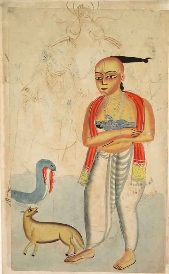 Vasudeva (Krishna's Father) Fleeing with Krishna Encounters a Cobra and a Jackal (verso), from a Kalighat album, detail