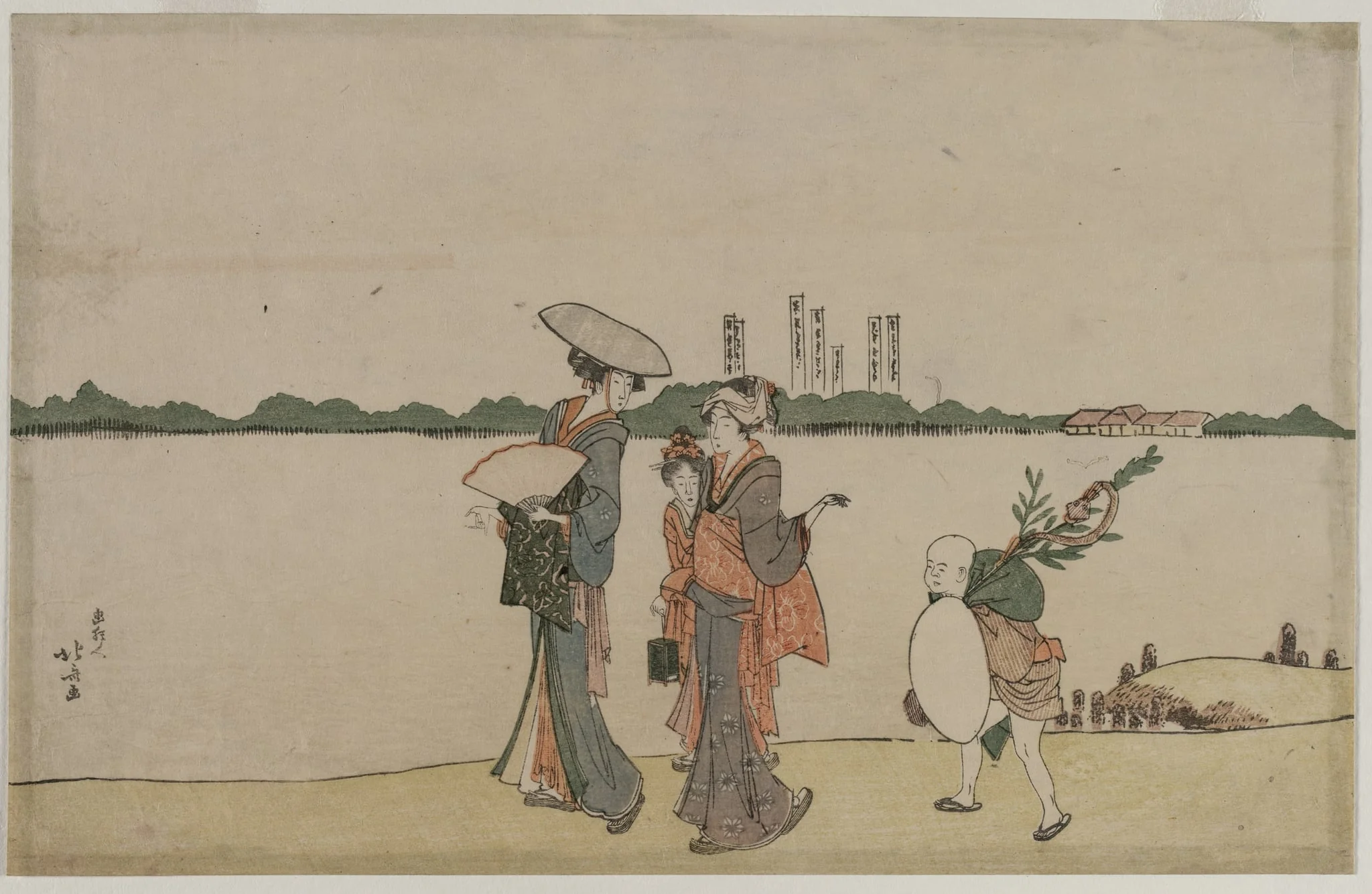 Women and Children Walking Along the Sumida River, detail