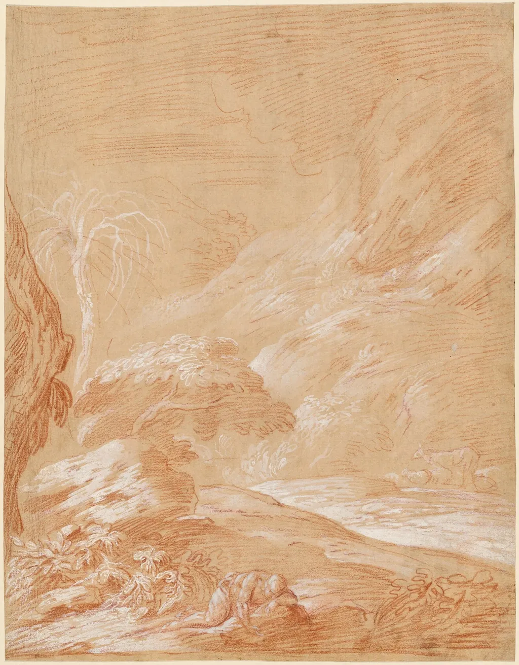 Fantastic Landscape with a Man Sleeping on a Rock, by Bartolomeo Biscaino, gouache, 1654