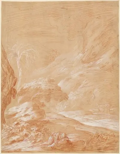 Fantastic Landscape with a Man Sleeping on a Rock, by Bartolomeo Biscaino, gouache, 1654