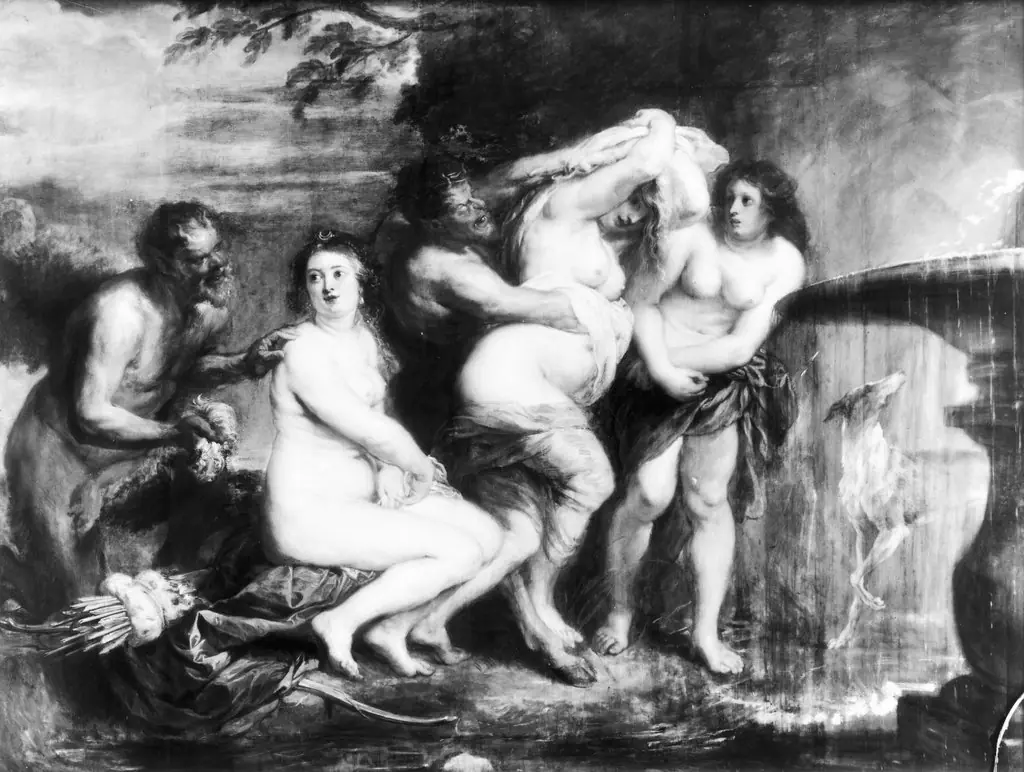 Diana and two nymphs surprised by satyrs while bathing, by Peter Paul Rubens, paint, 1636