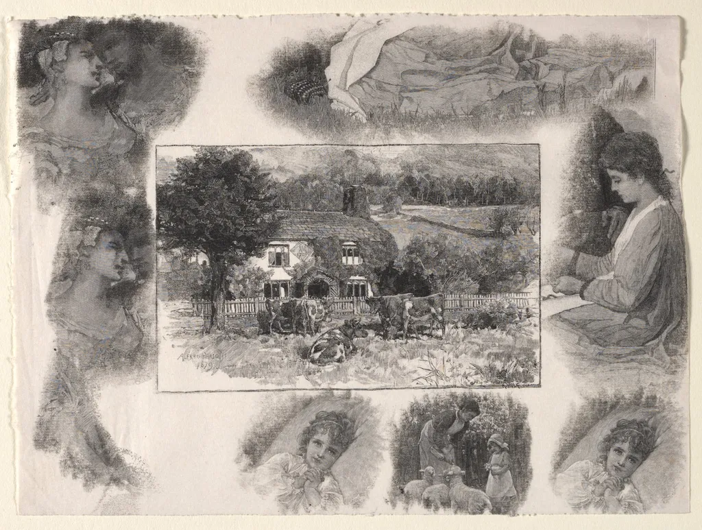 Landscape with Cottage and Cows Surrounded by Various Sketches, by Henry Wolf, 1893