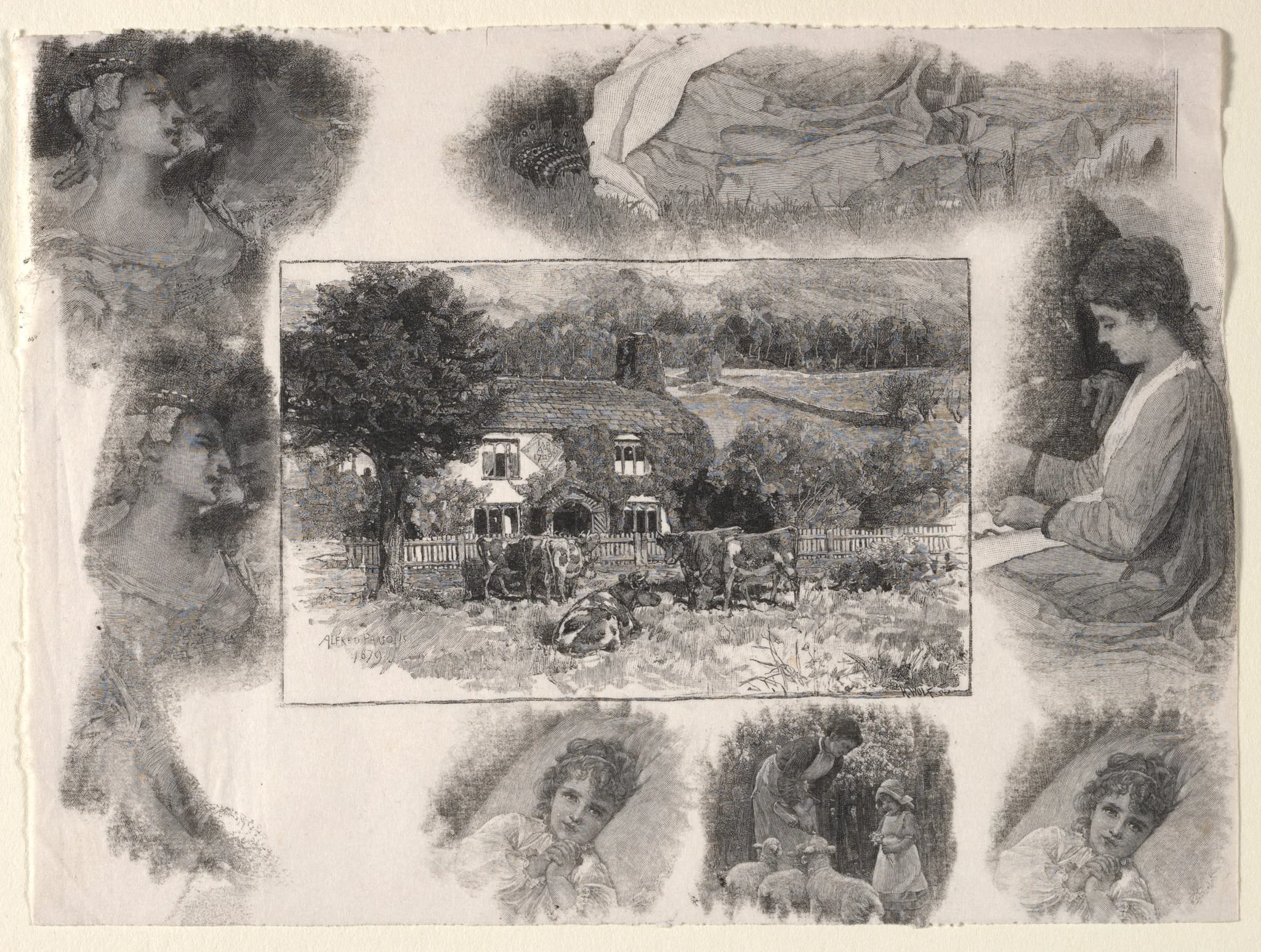 Landscape with Cottage and Cows Surrounded by Various Sketches, detail