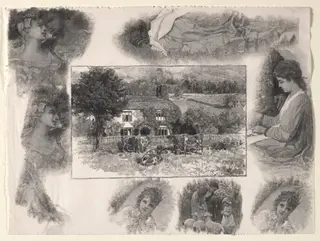 Landscape with Cottage and Cows Surrounded by Various Sketches, by Henry Wolf, 1893
