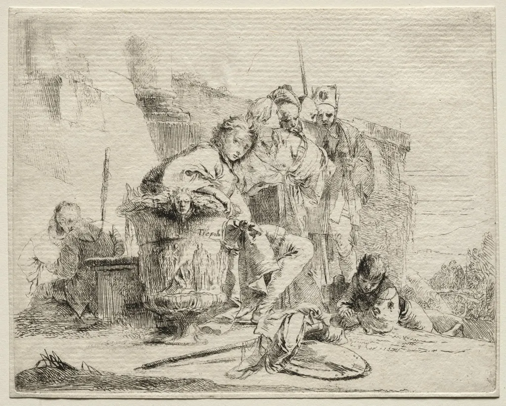 Various Caprices:  Young Man Seated, Leaning Against an Urn, by Giovanni Battista Tiepolo, 1742