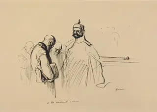 a) Si ils avaient vaincu (recto); b) Sketch of Si ils avaient vaincu (verso), by Jean-Louis Forain, ink, 1919