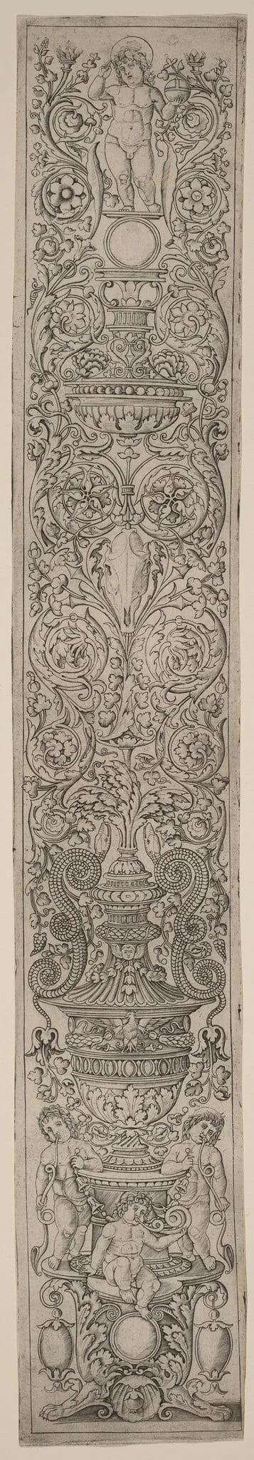 Ornament Panel: Three Children Blowing Horns, detail