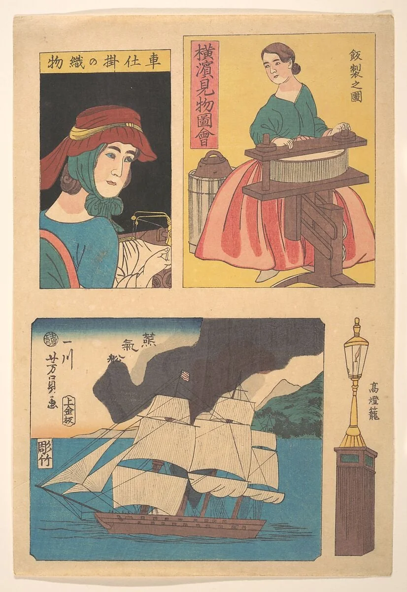 Yokohama kenbutsu zue|Picture of Sights in Yokohama: Woman with a Ringer, Lamp Post, a Steamboat at Full Sail and a Woman with a Sewing Machine, detail