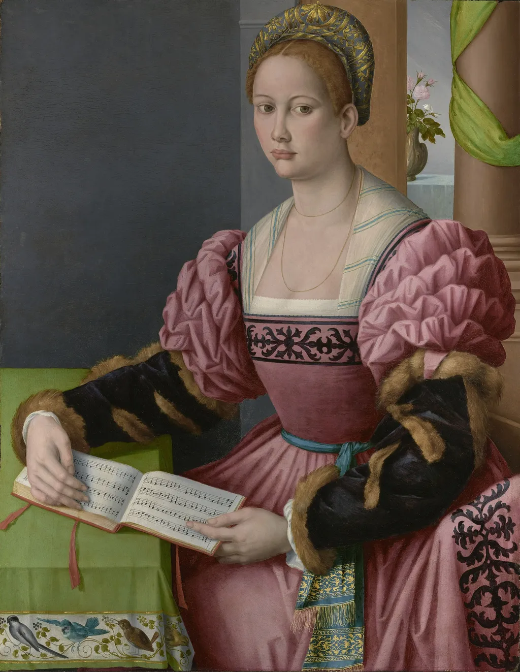 Portrait of a Woman with a Book of Music, by Francesco Bacchiacca, oil, 1540