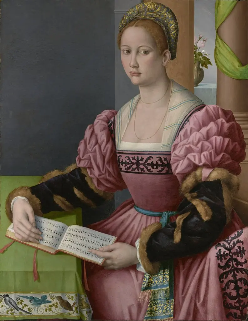 Portrait of a Woman with a Book of Music, by Francesco Bacchiacca, oil, 1540