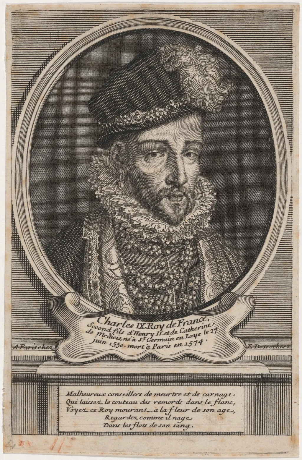 Charles IX, King of France, by Etienne Desrochers, ink, 1704