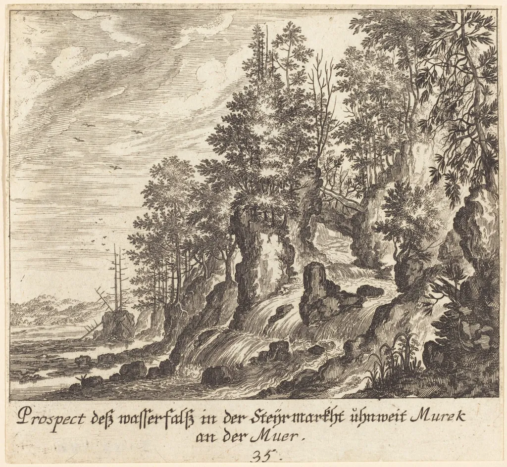 Waterfall, by Melchior Küsel, ink, 1681