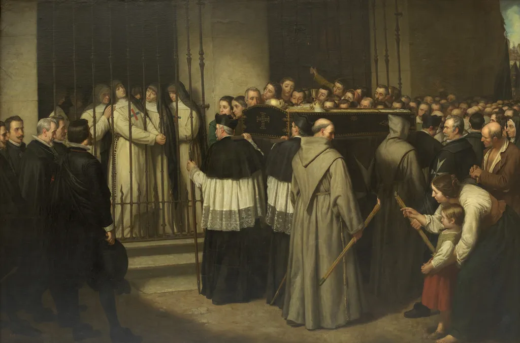 Sor Marcela de San Félix monja de las Trinitarias Descalzas de Madrid viendo pasar el entierro de Lope de Vega su padre, by Ignacio Suárez Llanos, oil, 1862