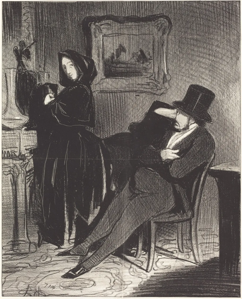 Plus souvent que je te conduirai... au bal..., by Honoré Daumier, ink, 1845