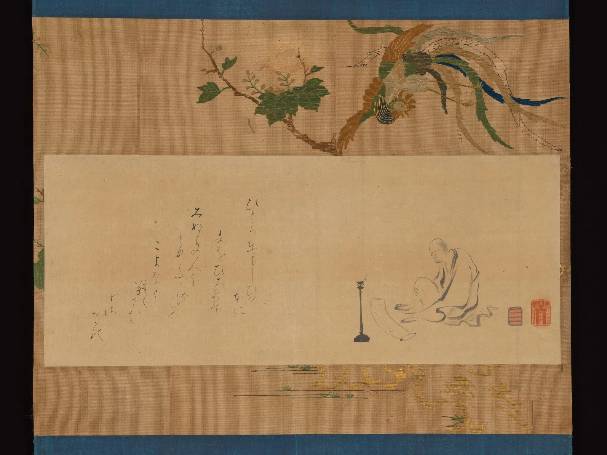 Monk Kenkō Reading by Lamplight, detail