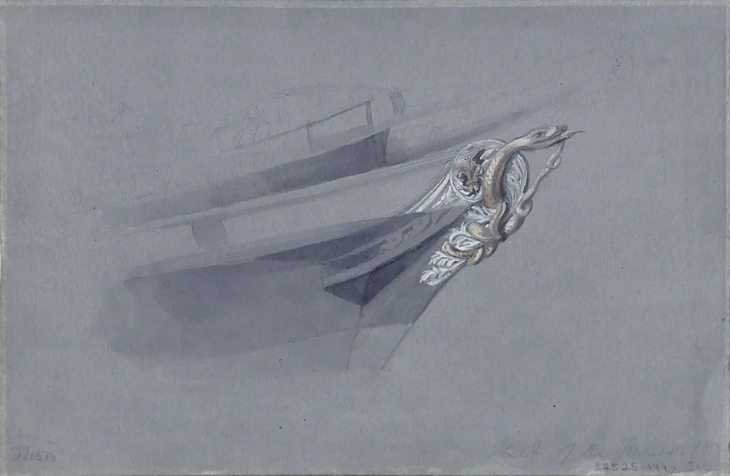 Watercolour of ship's figurehead: harbour scene on verso, by Calvert Richard Jones, 1850