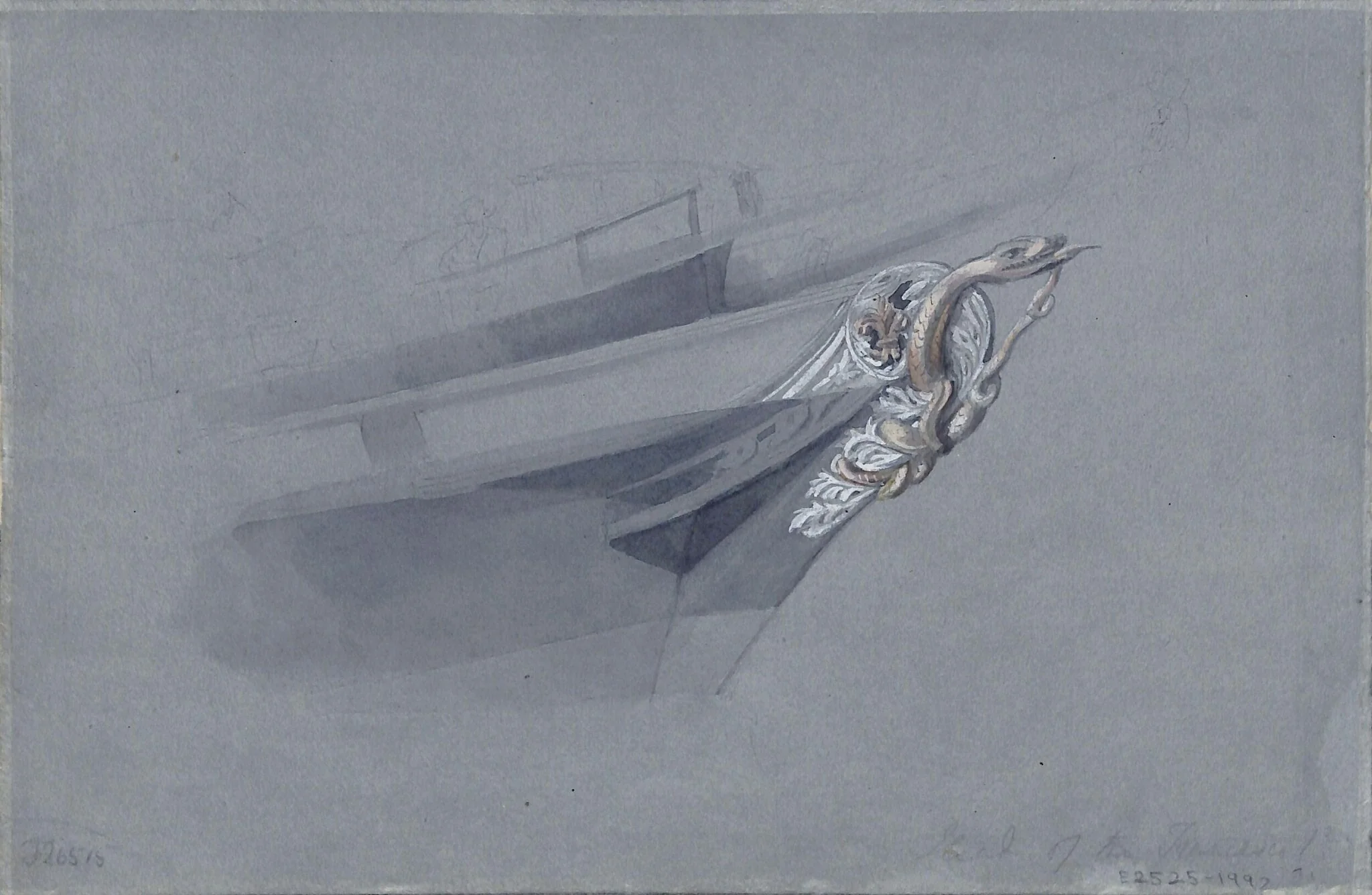 Watercolour of ship's figurehead: harbour scene on verso, detail