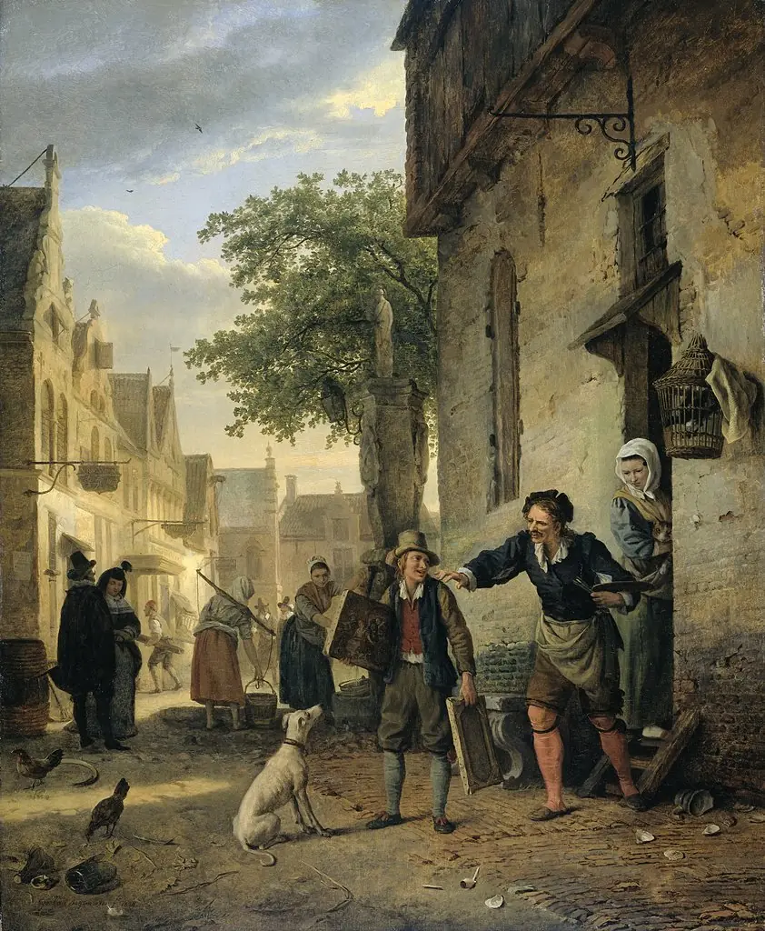 Jan Steen Sends his Son to the Streets to Exchange Paintings for Beer and Wine, by Ignatius Josephus Van Regemorter, oil, 1828