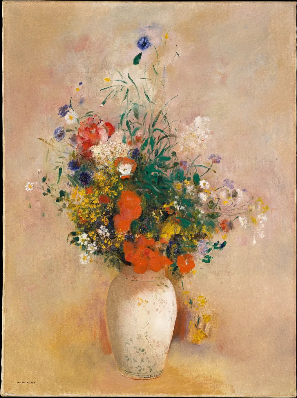 Vase of Flowers (Pink Background), by Odilon Redon, oil, 1906