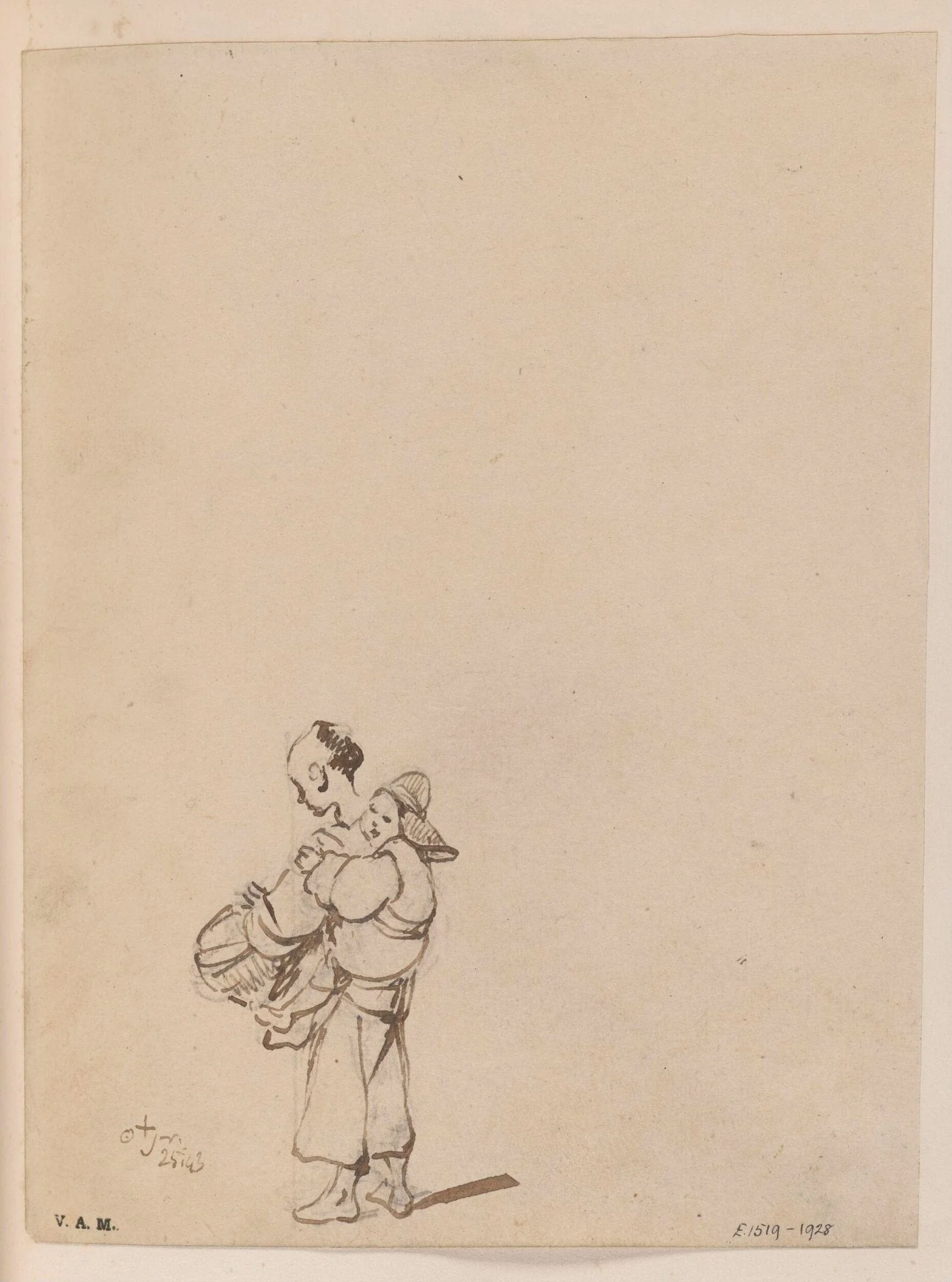A Chinese figure carrying a child and a basket, detail